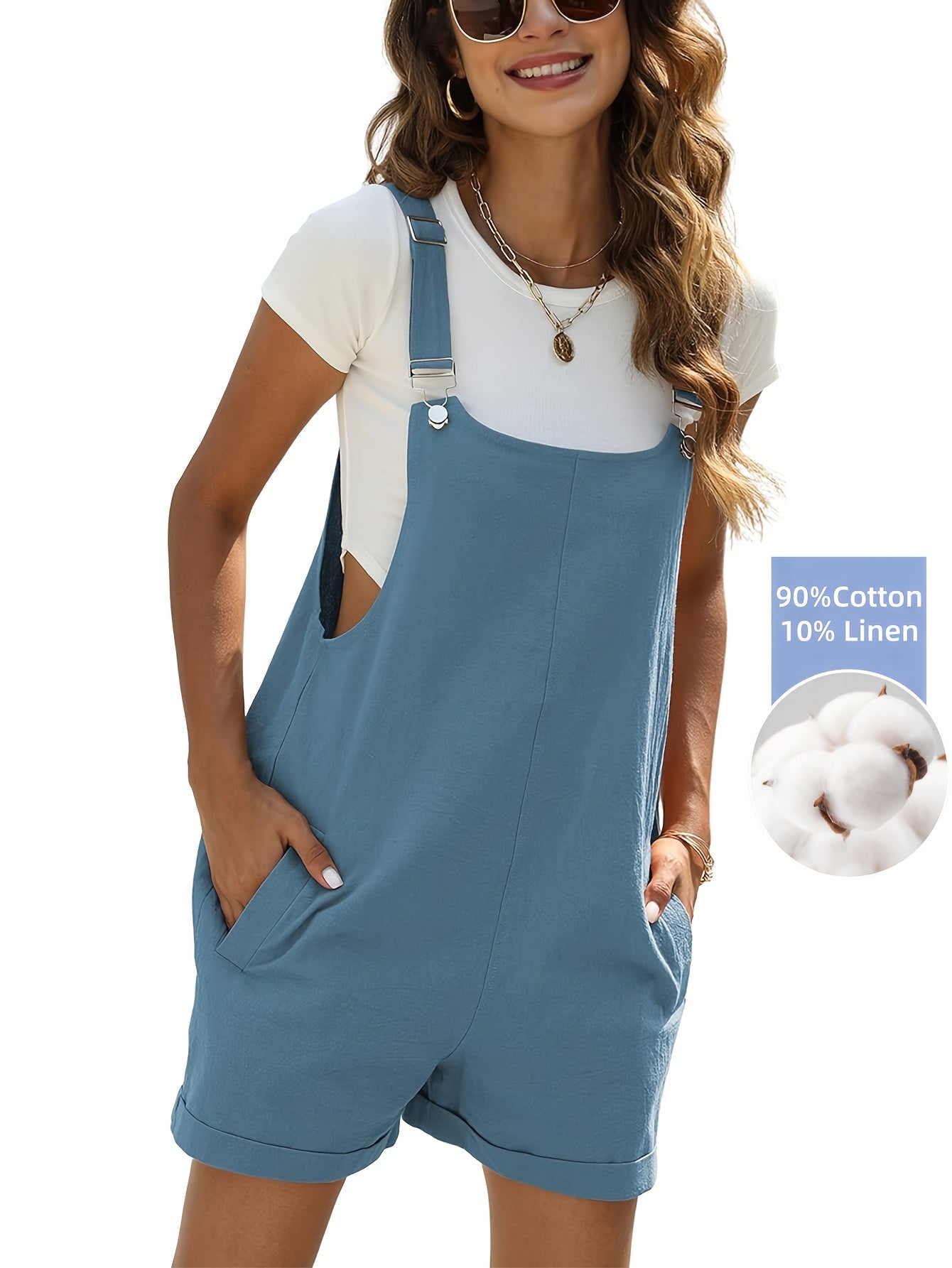 Women'S Linen Stylish Short Overalls Casual Summer Bib Shortalls With Pockets