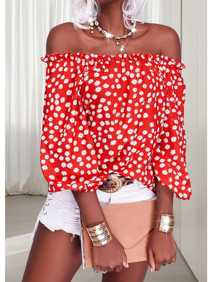 Womens Summer Off Shoulder Blouse Floral Print 3/4 Sleeve Casual Chiffon Tops Shirts