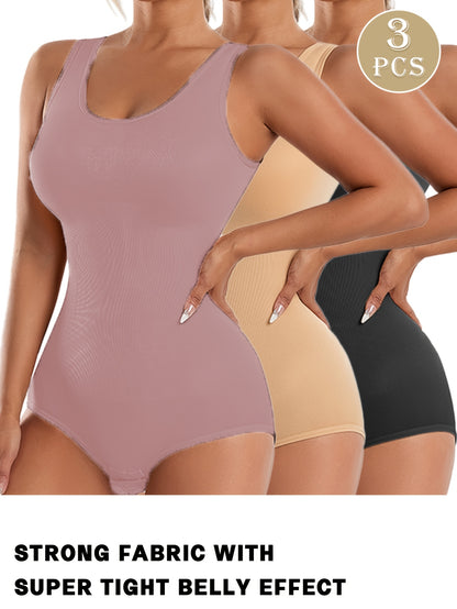 3pcs Women Sleeveless Tank Top Shapewear Bodysuit, U Neck Tummy Control Waist Cincher Shaping Body Shaper, High Stretch Breathable Sculpting Bodysuits Postpartum Body Shaping Underwear