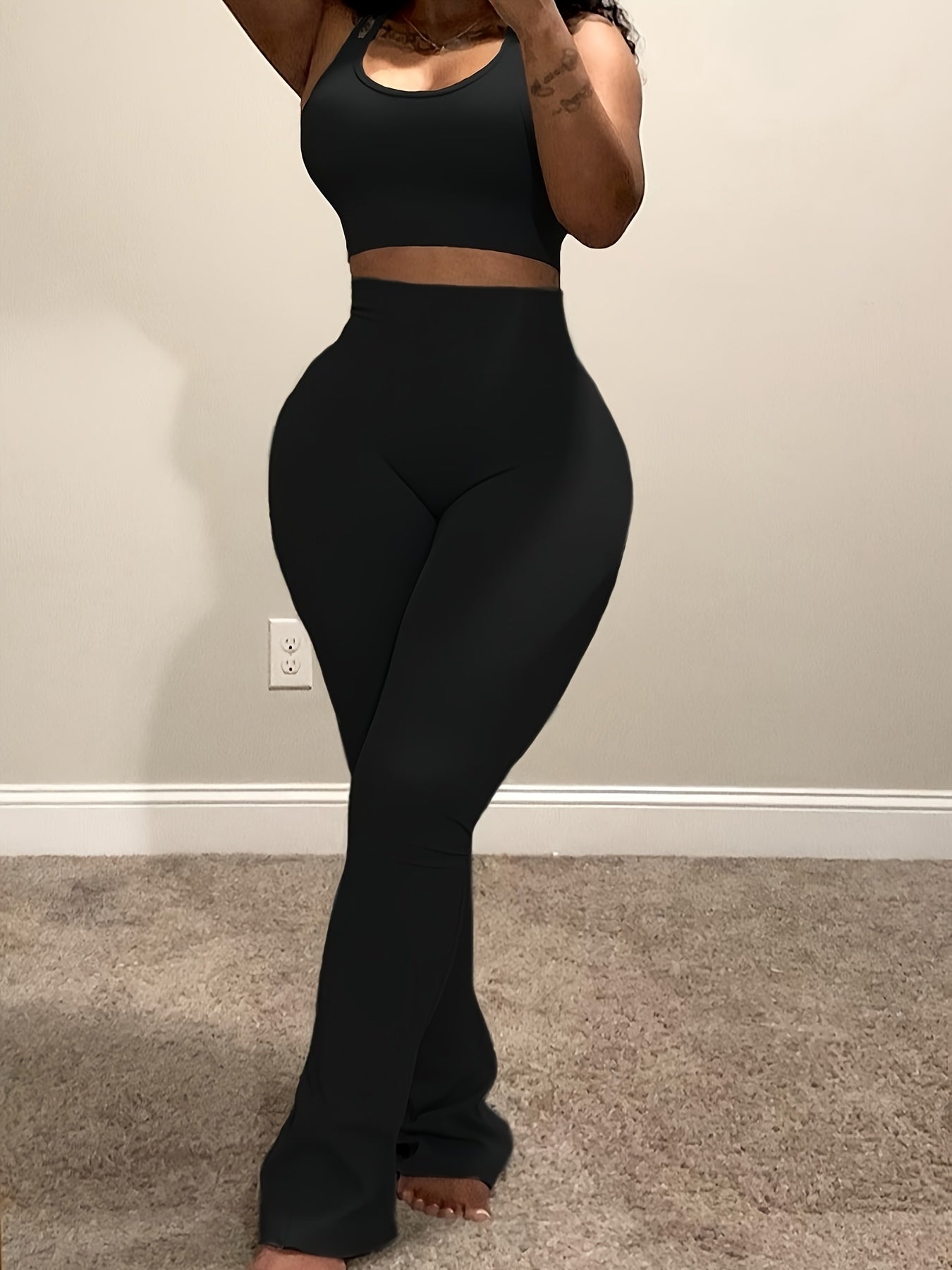 Casual 2pcs Outfits for Women Short Tank Top Crop High Waist Flare Pants Sets