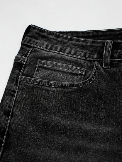Plus Size Women's Black Denim Knee Length Shorts, High Waist Stretch Slim Fit, Side Flap Pockets, Frayed Hem, Casual Daily Wear, Machine Washable, Spring Summer Wear