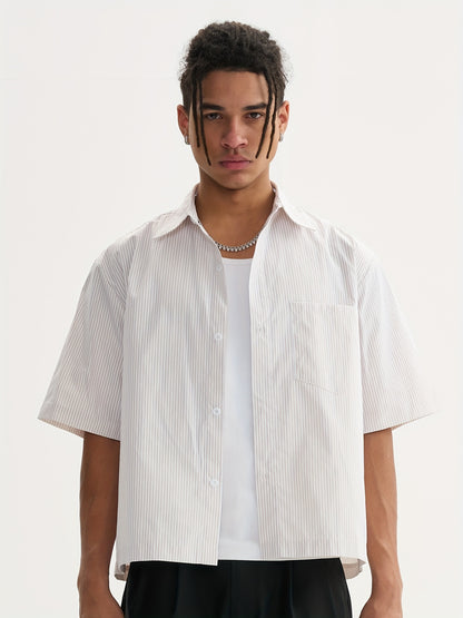 Unisex Casual Striped Shirt - Oversized, Loose Fit, Short Sleeve with Chest Patch Pocket | Lightweight Polyester Fabric | Perfect for Everyday, Beach, Party & Streetwear | Casual Attire | Chic Casual Style | Nontransparent Fabric