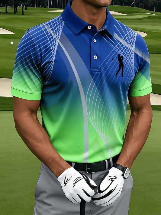 Men's Casual Sports Short Sleeve, Mesh Lines and Golf Pattern Print, Polyester Fabric Machine Washable, Breathable Regular Fit, Suitable for Daily Casual Sports Wear, PLUS SIZE