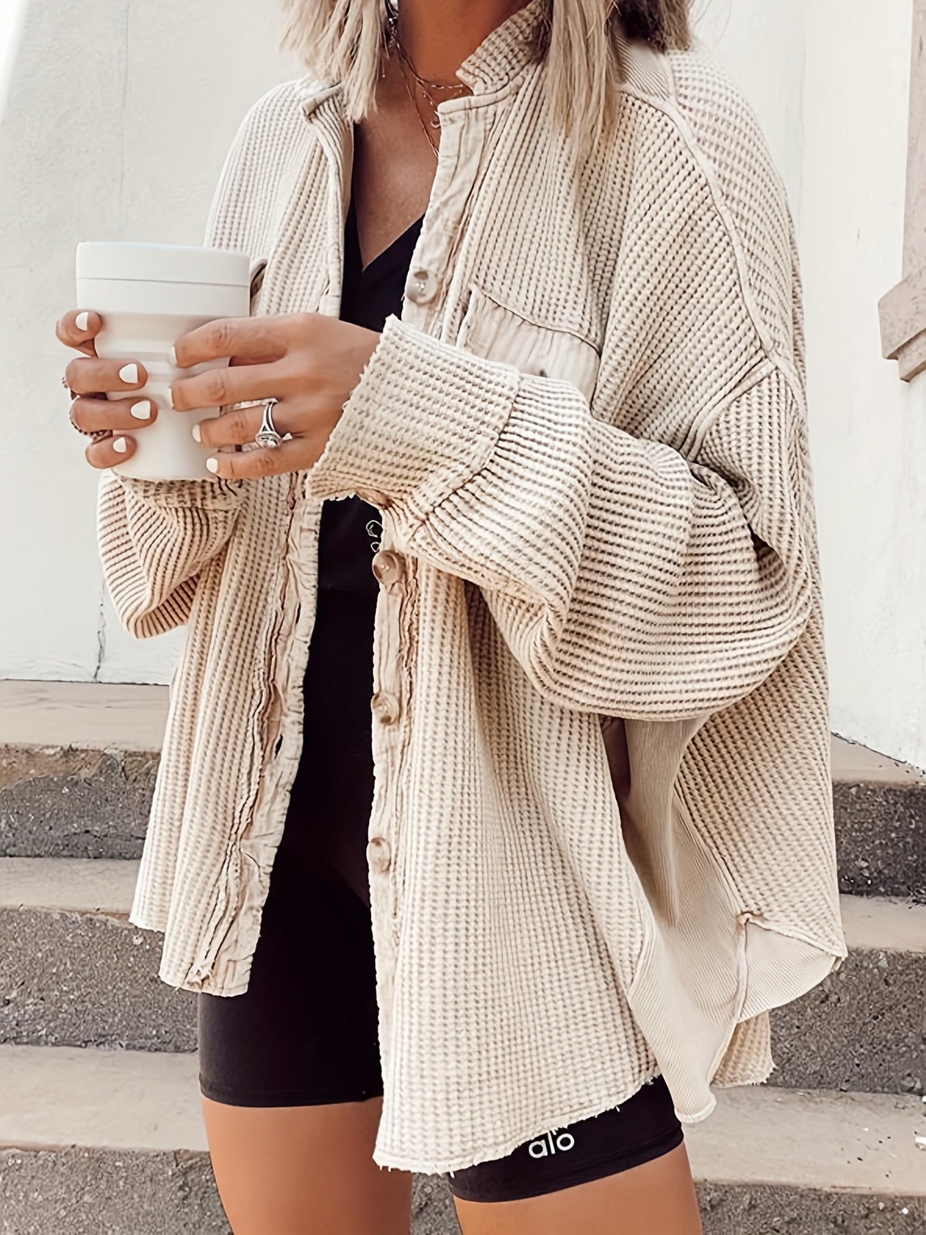Women's Chic Oversized Waffle Jacket - Long Coat with Lapel Collar & Front Buttons, Machine Washable Winter Jacket for Everyday Formal Outfits - Cozy Fall and Winter Outerwear, Seasonal Fashion, Relaxed Fit, Durable Stitching, Casual Wear