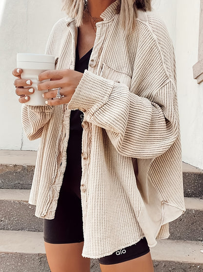 Women's Chic Oversized Waffle Jacket - Long Coat with Lapel Collar & Front Buttons, Machine Washable Winter Jacket for Everyday Formal Outfits - Cozy Fall and Winter Outerwear, Seasonal Fashion, Relaxed Fit, Durable Stitching, Casual Wear