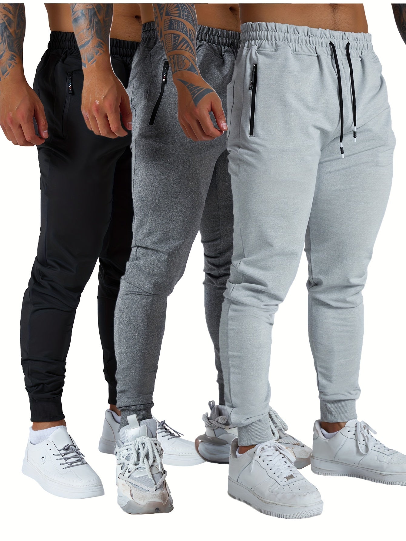3PCS Men's Sweatpants with Zipper Pockets Tapered Joggers for Men - Athletic Pants for Workout, Jogging, Running - Breathable & Comfortable Fabric - Suitable for Men - Perfect for Fitness Enthusiasts