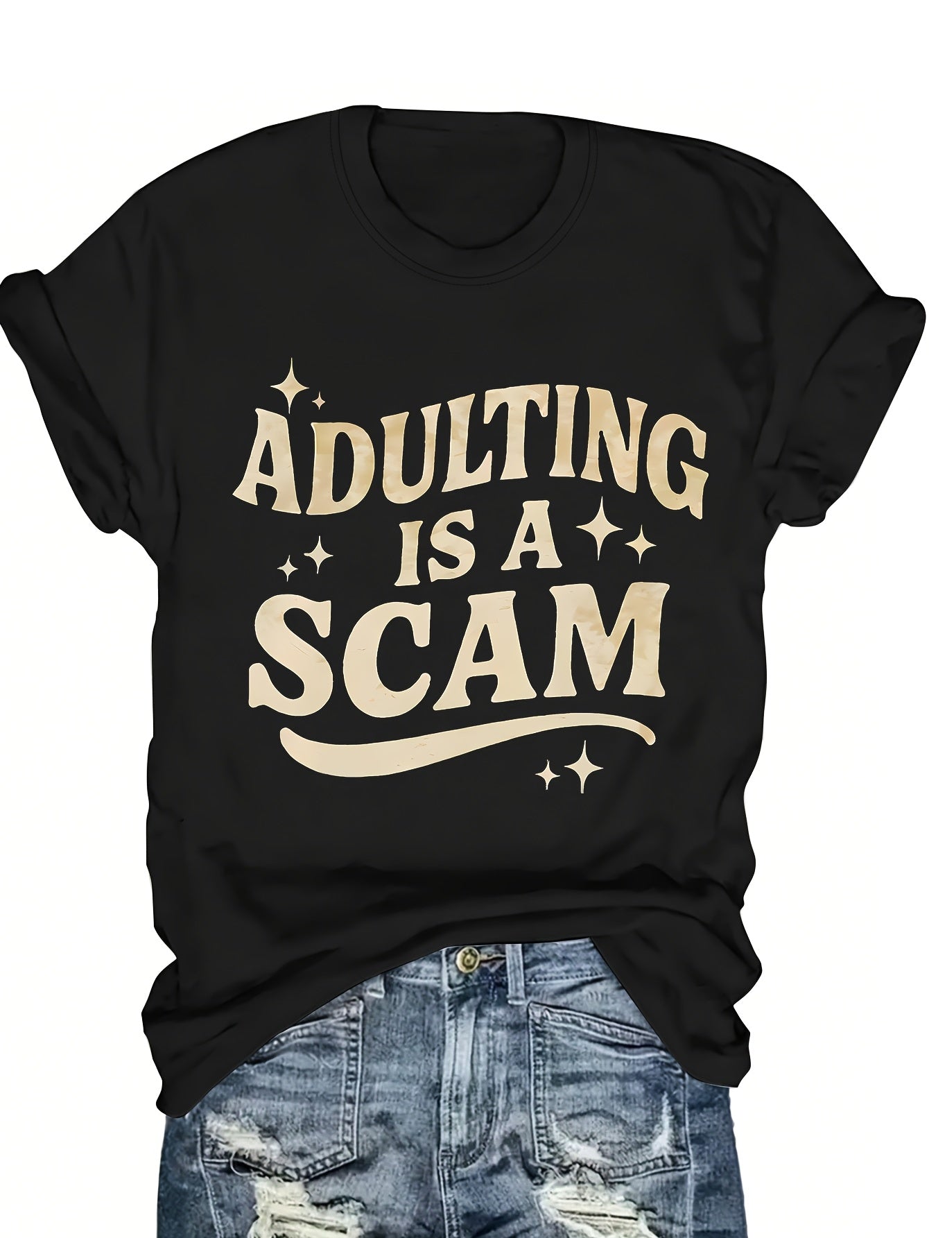 Women's Funny "Blended Adult Is a Scam" T-Shirt - Retro Humorous Slogan Short Sleeve Round Neck Blouse Suitable for Her Gift, Casual Statement Top for Daily Wear & Humor Apparel, Machine Washable Comfortable Everyday Outfits
