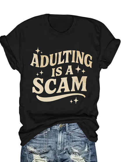 Women's Funny "Blended Adult Is a Scam" T-Shirt - Retro Humorous Slogan Short Sleeve Round Neck Blouse Suitable for Her Gift, Casual Statement Top for Daily Wear & Humor Apparel, Machine Washable Comfortable Everyday Outfits