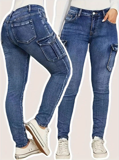 Plus Size Women'S Fashion Skinny Jeans -Comfortable Cargo Denim Pants with Side Pockets