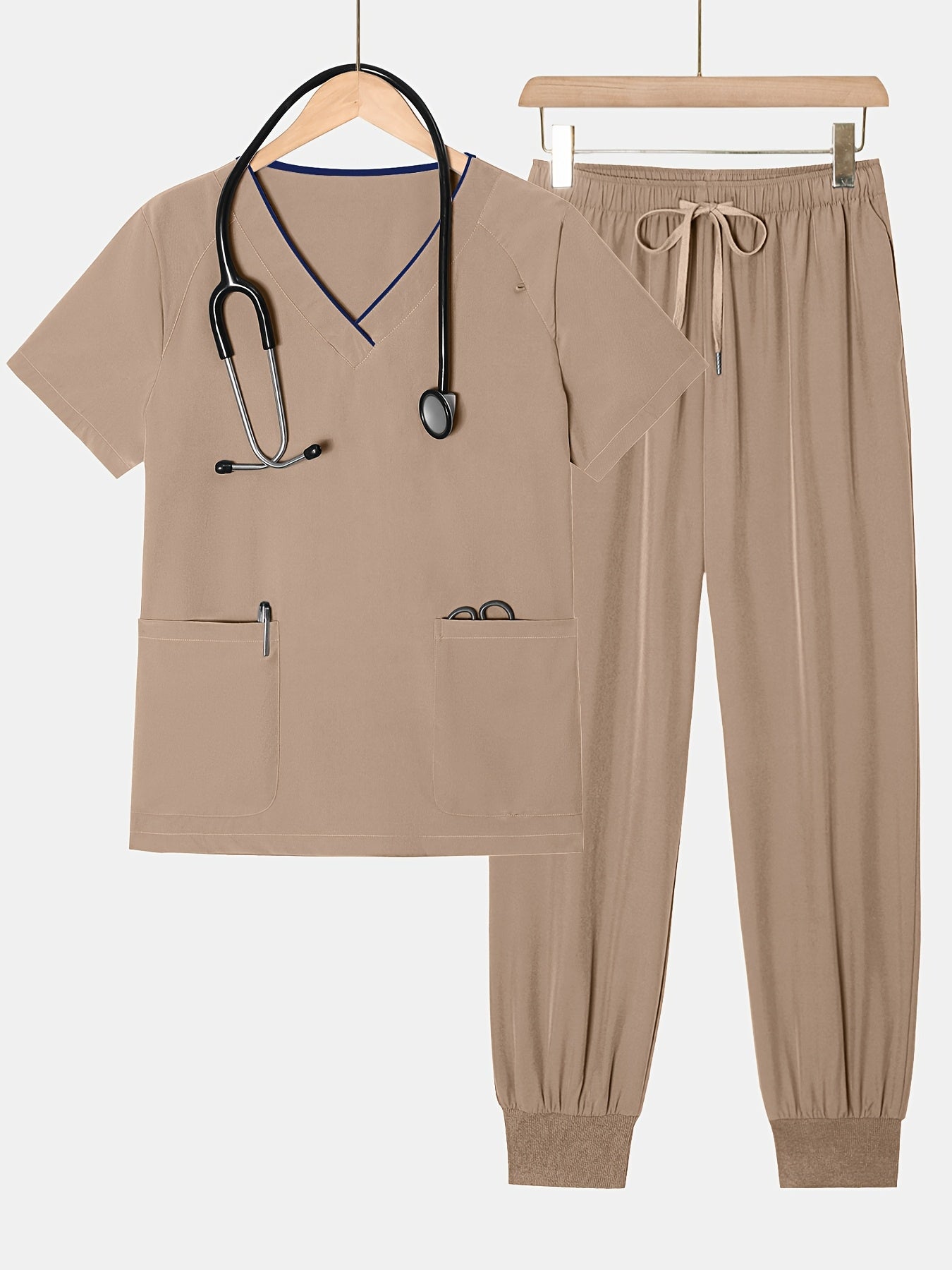2pcs Set Of Top And Pants, Women's V-neck Frosted Breathable Pocket S Uniform, Brushed Hand Clothes, Work Clothes, Hand Washing Clothes, Pocket Clothes, Leg Binding Pants Set