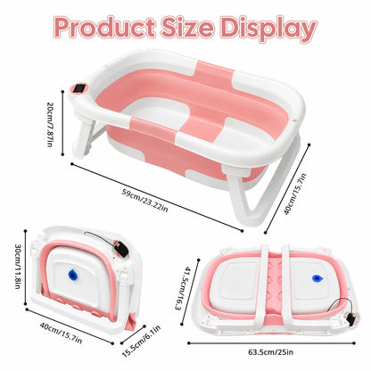 Cochildor Collapsible Baby Bathtub, Baby Bath Tub with Soft Cushion & Thermometer, Baby Bathtub for Newborn to Toddler 0-36 Months, Portable Travel Baby Tub, Easy-Clean Plastic, Pink And Gray/Blue, Bathtub for Baby, Playful Design, Easy-Grip Handles