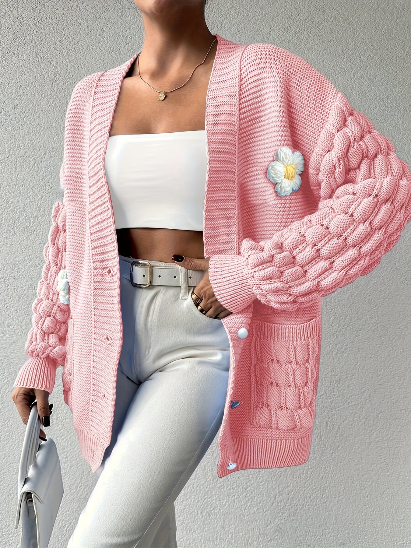 Plus Size, [European Winter Directional Style] Plus-size Women's Clothing, Sweet and Fresh Style, Women's Flowers Decorate Loose Cardigan, Spring, Autumn and Winter Fashion and Versatile Items