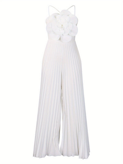 Plus Size - Plus Size - New Women'S European And American Summer Hanging Neck Three-Dimensional Flower Solid Color Wide Leg Plus Size Foreign Trade Jumpsuit