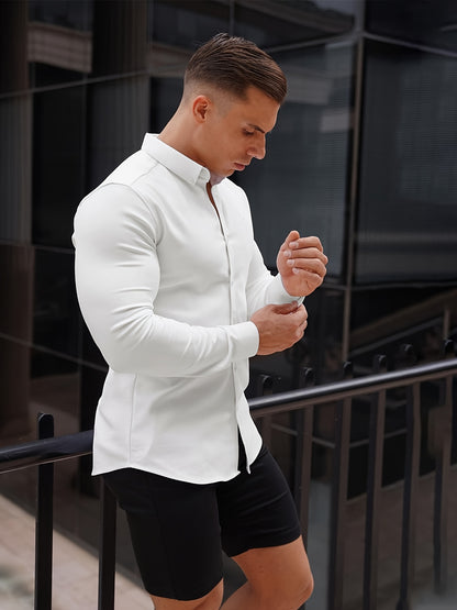 URRU Men's Muscle Fit Slim Stretch Dress Shirt - 4-Way Stretch Fabric (65% Rayon/25% Nylon/10% Spandex), Square Collar, Long Sleeve Button- Casual Shirt for All-Season Wear, Machine Washable Solid Color, Versatile Menswear, Classic Collar Design