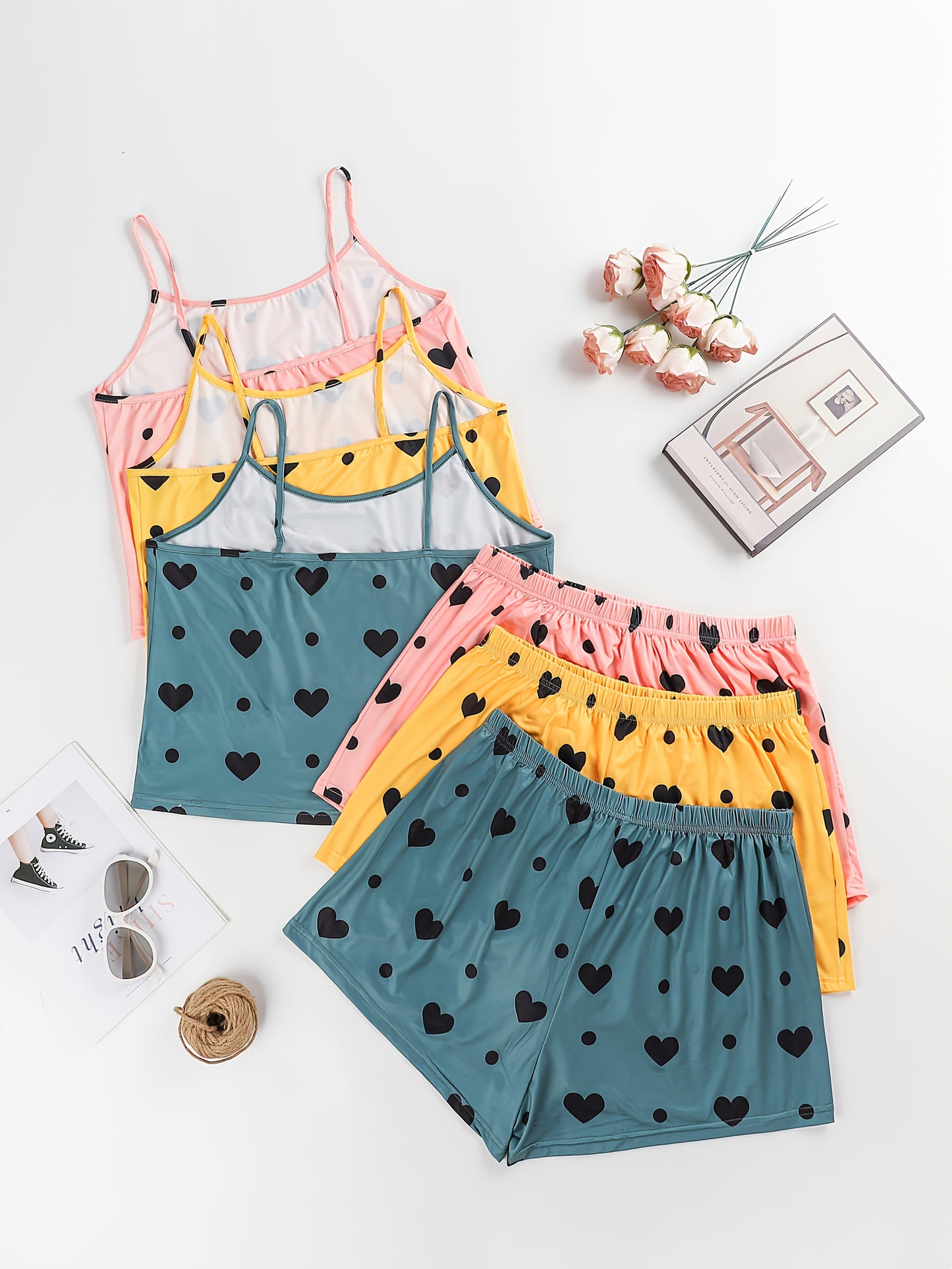 3 Sets Women'S Plus Casual Pajama Set, Plus Size Heart & Polka Dot Print Round Neck Cami Top & Shorts Lounge 6pcs Set