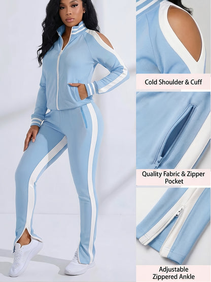Women's 2pcs Athletic Tracksuit Set, Striped Contrast Shoulder Slit Top & Zipper Hem Sporty Pants, Activewear Lounge Set