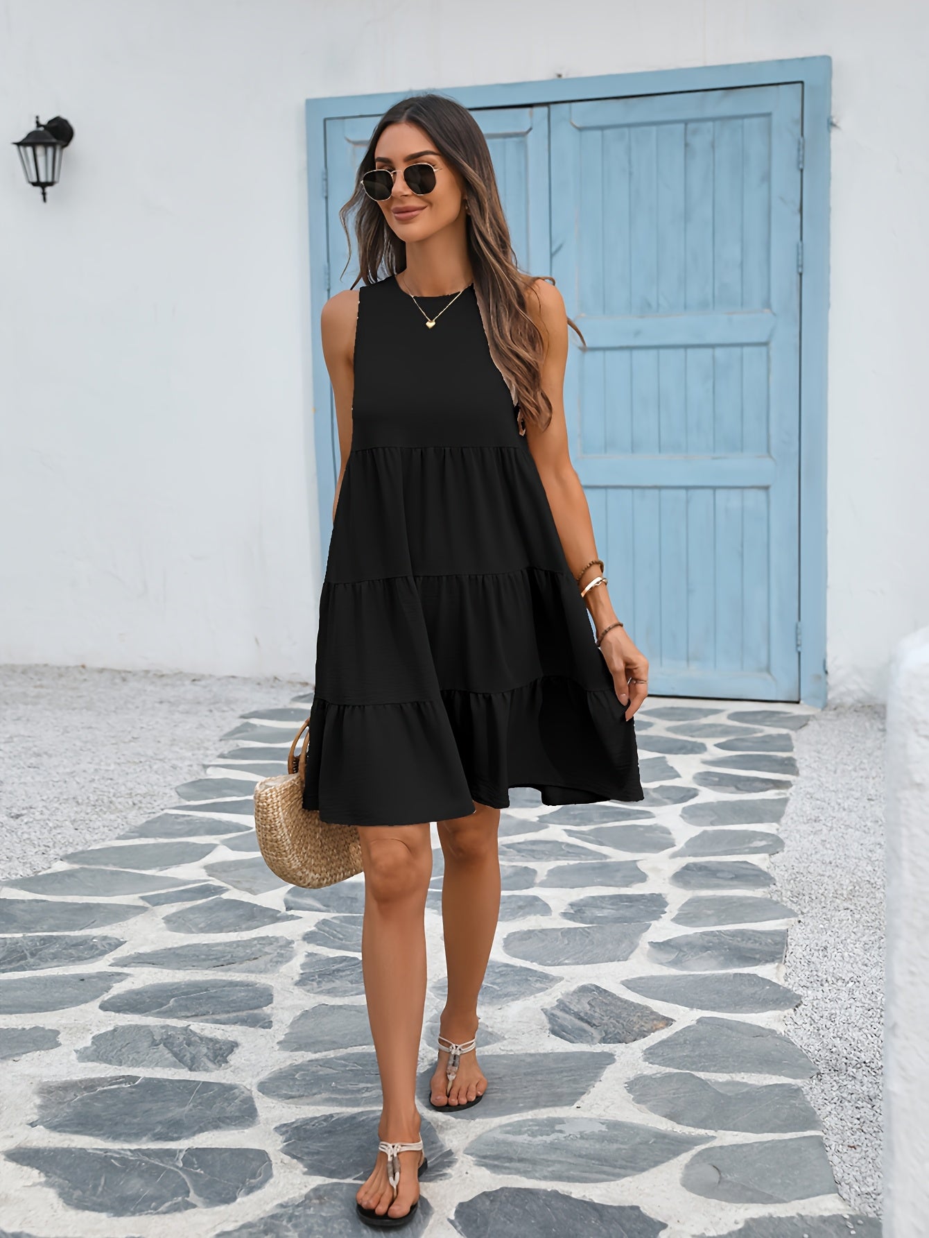 Round Neck Loose Big Swing Patchwork Cake Dress, Casual Solid Color Sleeveless Waist Summer Dresses