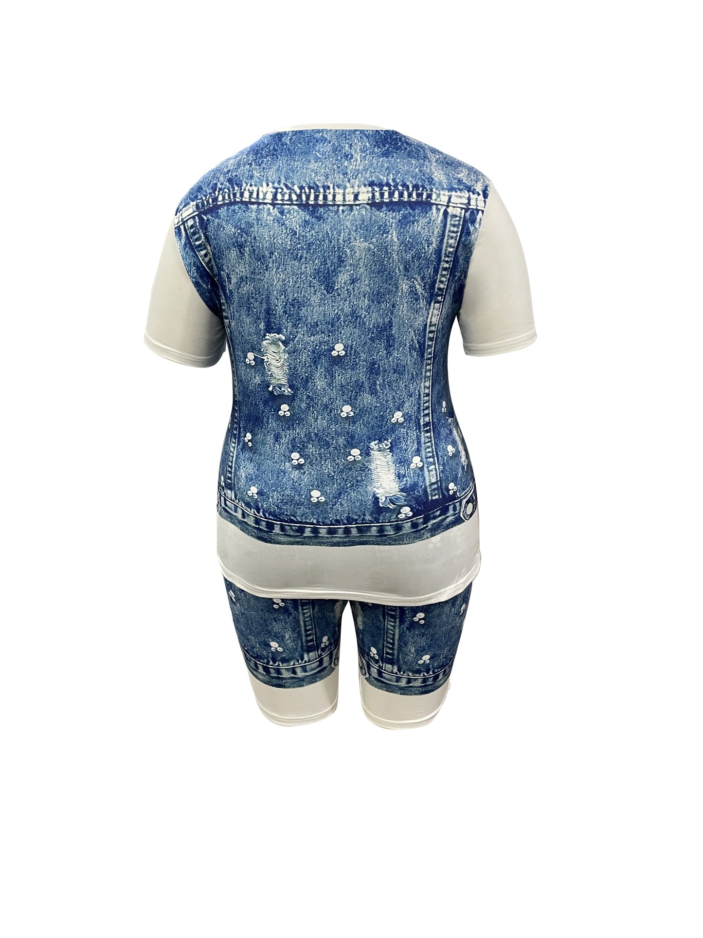[Denim Print/Imitation Denim] Women's clothing Full body imitation denim print two-piece set Casual loose short sleeves paired with slim shorts Round neck Loosen the top with a wide swing Set with tight shorts