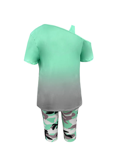 Plus Size - Ladies Fashion Daily Casual Suit, Diagonal Shoulder Camisole Gradient Letter Print Top + Camouflage Capri Pants Design.