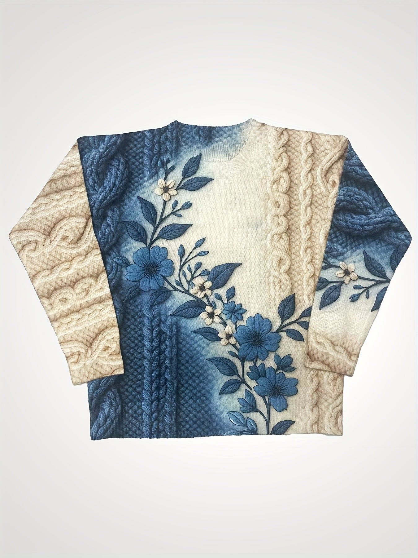 Women'S Long Sleeve Crew Neck Pullover - 3D Floral Print with Kink Cord Pattern, Gradual Change Blue/Beige Retro Style Casual Elegant Top, All-Season Comfort