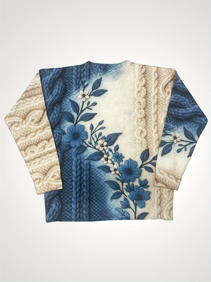 Women'S Long Sleeve Crew Neck Pullover - 3D Floral Print with Kink Cord Pattern, Gradual Change Blue/Beige Retro Style Casual Elegant Top, All-Season Comfort