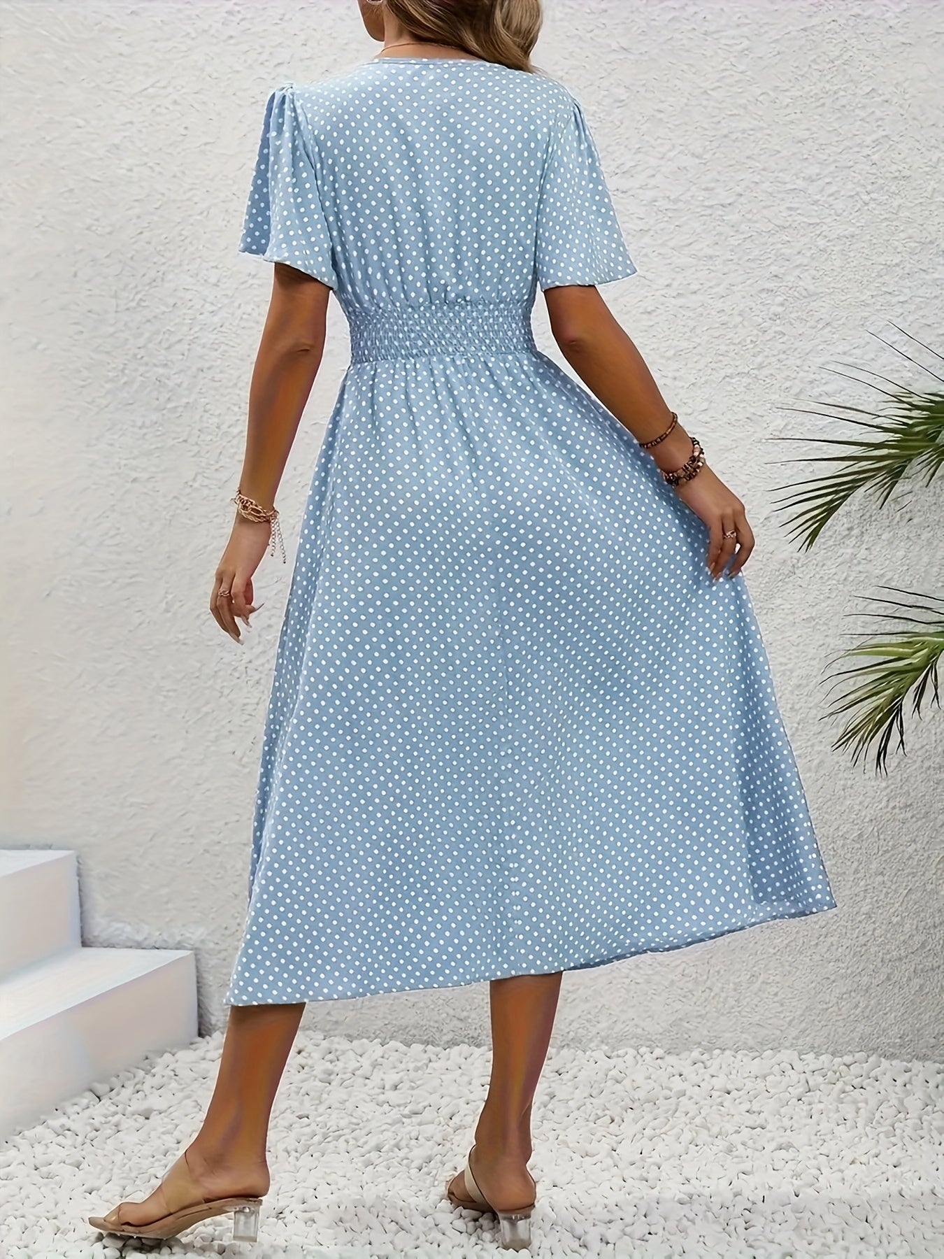 Stylish Pink Polka Dot Midi Dress for Ladies - Casual V-Neck, Ruffled Sleeves, Fitted Waist Design, Made from Lightweight, Ideal for Spring And Summer, Machine Washable