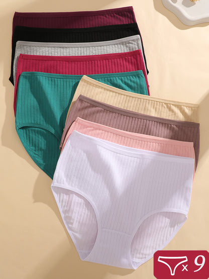 9-Pack Women'S Ribbed Underwear, Soft Breathable Mid-Rise Briefs, All-Day Comfort