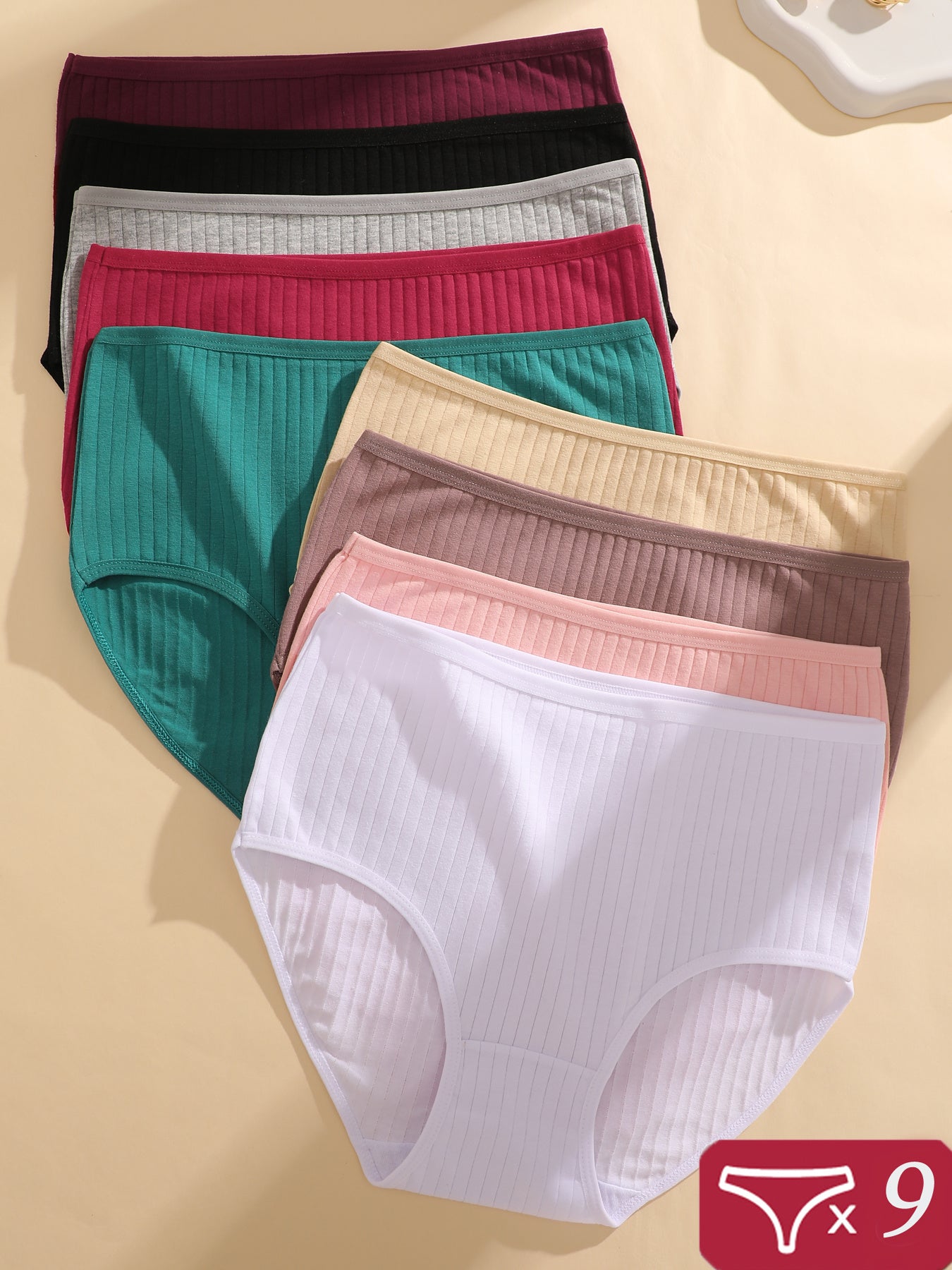 9-Pack Women'S Ribbed Underwear, Soft Breathable Mid-Rise Briefs, All-Day Comfort