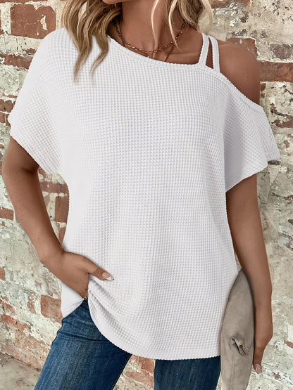 Women'S Summer Off Shoulder Waffle Short Sleeve T-Shirt Solid Color Top