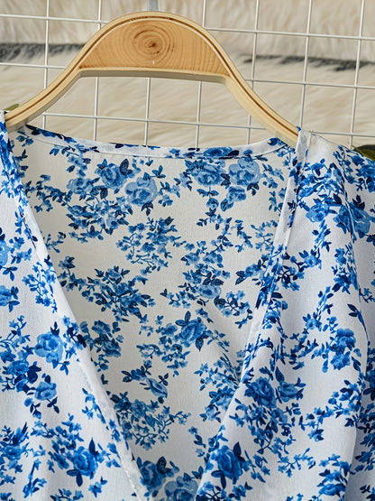[Elegant Floral Dress] Floral Print Surplice Neck Dress, Elegant Short Sleeve Tie Waist Ruffle Hem Dress, Women's Clothing