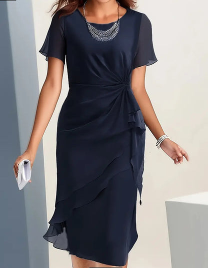 Summer Patchwork Chiffon Women'S Slim-Fit Dress - Round Neck, Short Sleeve, Mid-Length, Waist Twist Design, Asymmetrical Ruffle Hem, Elegant Party Outfit, Suitable for Wedding Guests Or Evening Events