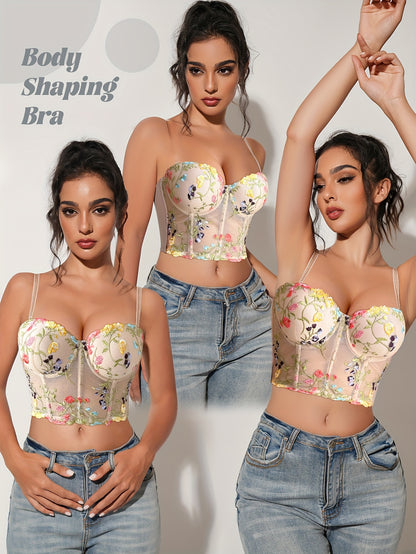 Elegant Floral Lace Push-Up Bra for Women - Underwire Support, Non-Removable Pads, Beige with Vibrant Floral Embroidery, Comfortable & Stylish Lingerie, Hand Wash Only, Durable Underwire
