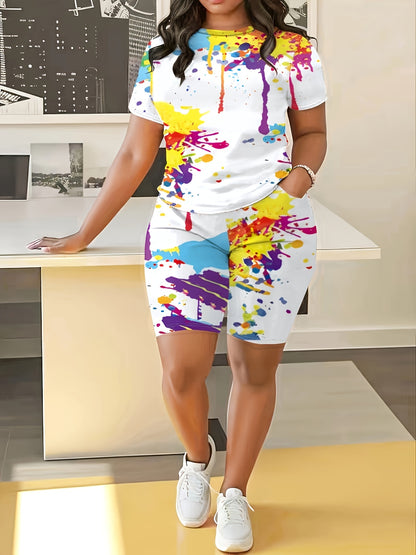 Plus Size Printed Fashion Suit Tie-Dye Breathable Short Sleeve T-Shirt & Shorts - Fashionable Casual Women's Wear Plus Summer Wear