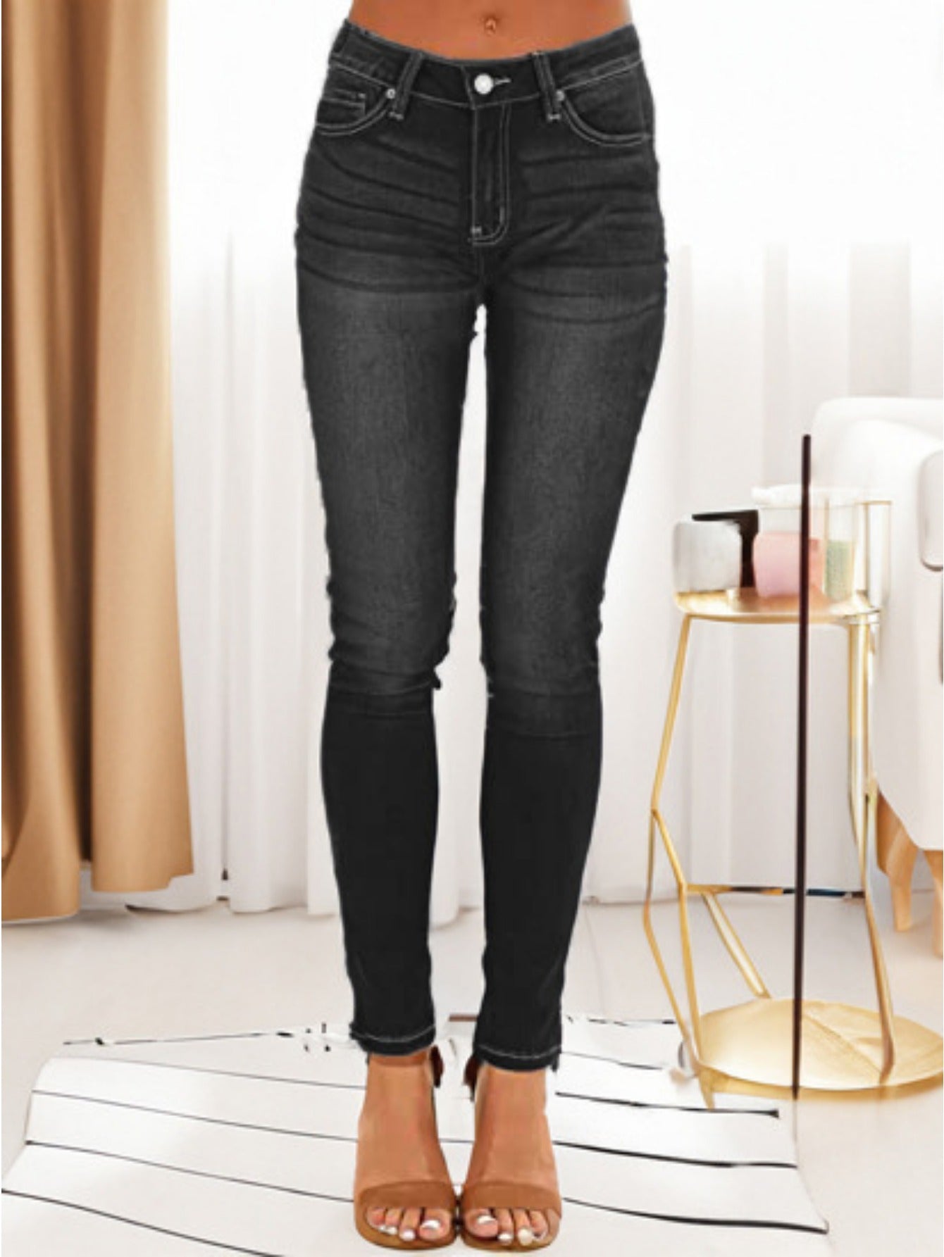 Women's Mid-Rise Butt-Lifting Skinny Jeans - 2025 Summer Color Block Stitching, European & American High Street Fashion, Stretch Denim with Pockets, All-Season Figure-Flattering Jeans for Everyday & Night Out, Comfortable Fashion | Medium Elasticity