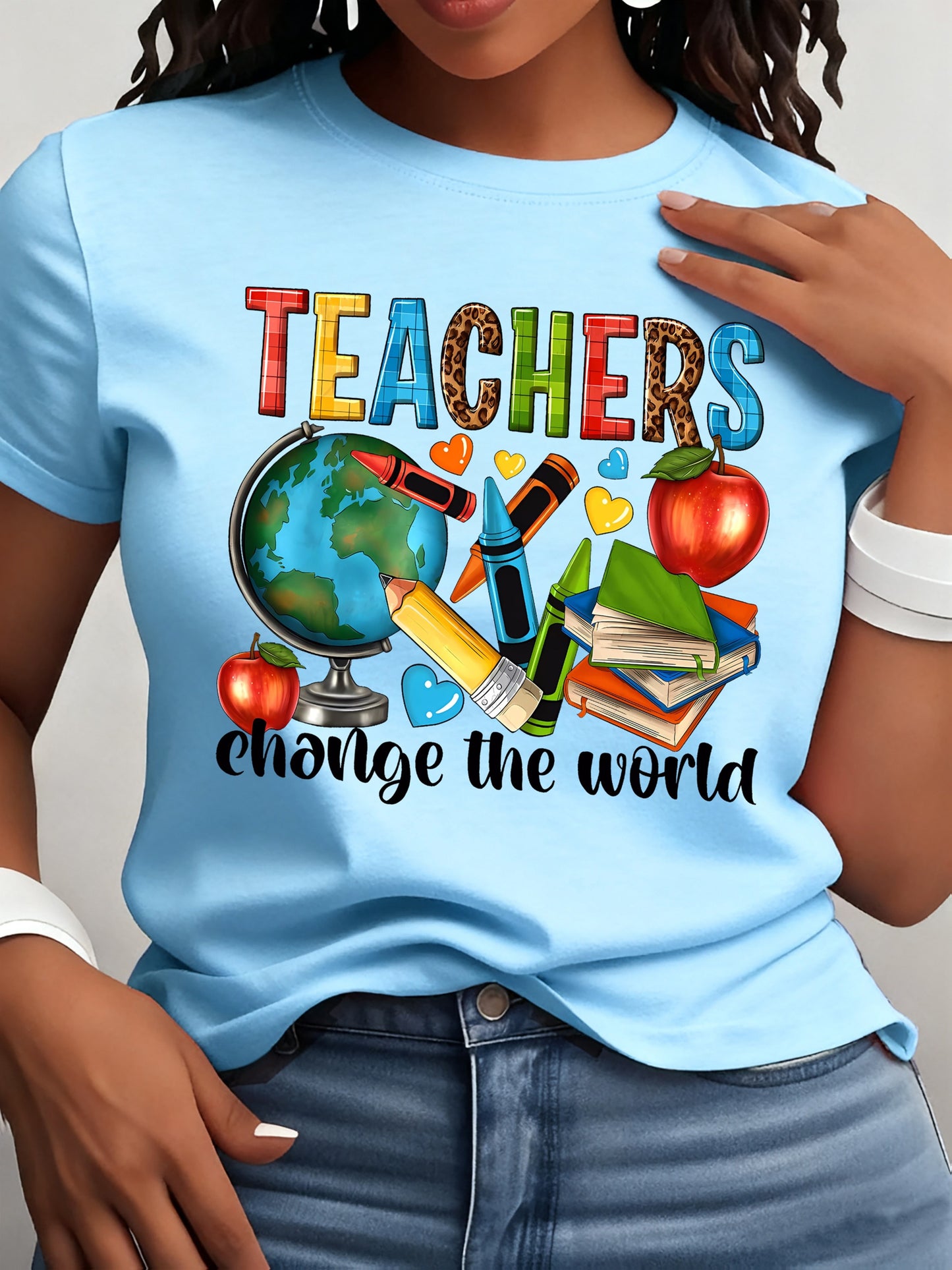 Round Neck Short Sleeve T-Shirt with a Teacher Pattern Print