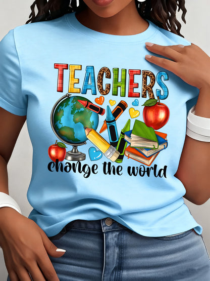 Round Neck Short Sleeve T-Shirt with a Teacher Pattern Print