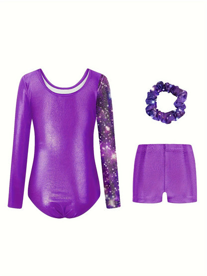 Girls' 3pcs Gymnastics Leotard Set with Stars Pattern, Long Sleeve Bodysuit & Matching Shorts - Includes Hairband, Stretchy & Breathable Fabric for Dance Training, Perfect for Outdoor, All Seasons, Gift for Back-to-School Season, Beach Essentials