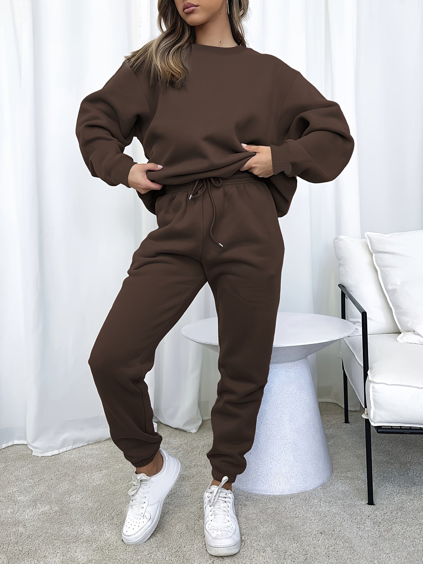 [Casual 2pcs Suit] Women's Casual Fashionable & Versatile 2pcs Suit | Autumn & Winter Solid Color Loose Pullover Sweatshirt + Elastic Waist Drawstring Pants