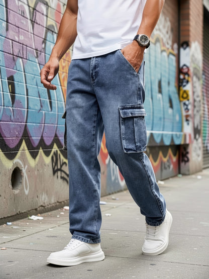 Men's Workwear Straight Leg Jeans - Loose Multi-Pocket Washed Denim