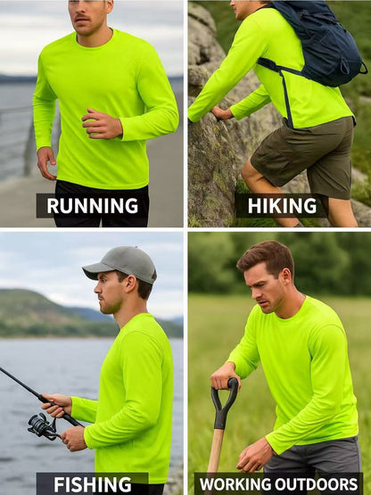 4 Pack Men's Hi Vis Performance Hooded Shirts, Long Sleeve Quick Dry Moisture Wicking UPF 50+ Lightweight Work Shirts with BONUS Performance Neck Gaiter
