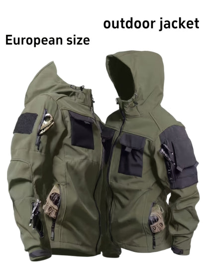 Men's Windproof Outdoor Jacket - Heavy-Duty Full-Zip Hooded Coat with Zippered Pockets, Scratch-Resistant Shell for Hiking, Camping, Hunting (Belt Included) Adjustable Hood -All-in-One Outdoor Shell Coat for Camping Essentials, Rugged Design, Durable