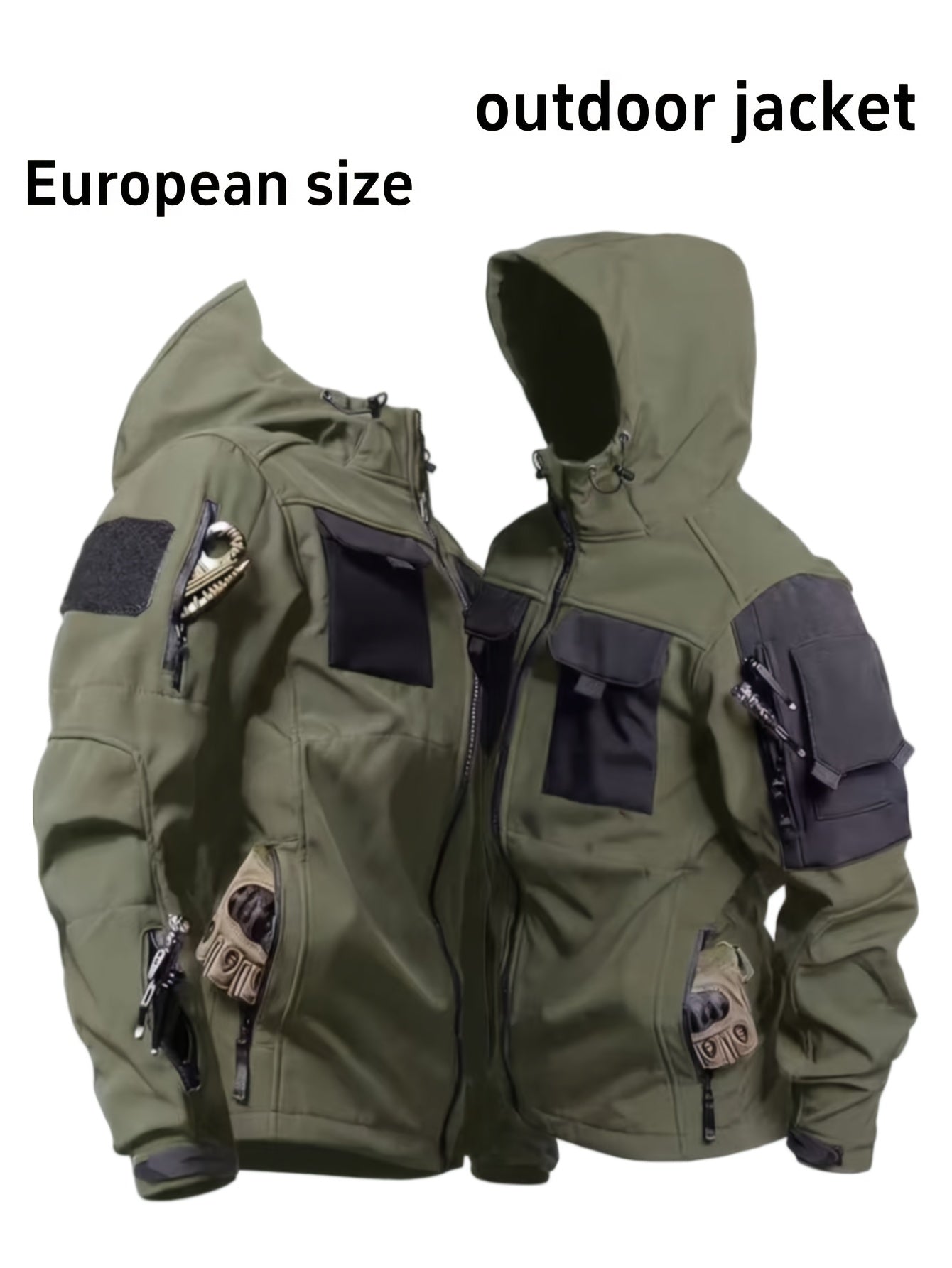 Men's Windproof Outdoor Jacket - Heavy-Duty Full-Zip Hooded Coat with Zippered Pockets, Scratch-Resistant Shell for Hiking, Camping, Hunting (Belt Included) Adjustable Hood -All-in-One Outdoor Shell Coat for Camping Essentials, Rugged Design, Durable