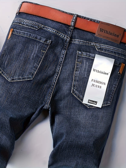 Men'S Plain Denim Trousers, Featuring a Light Business Look with a Bit of Stretch, Straight Leg Design Suitable for Casual Outdoor Wear