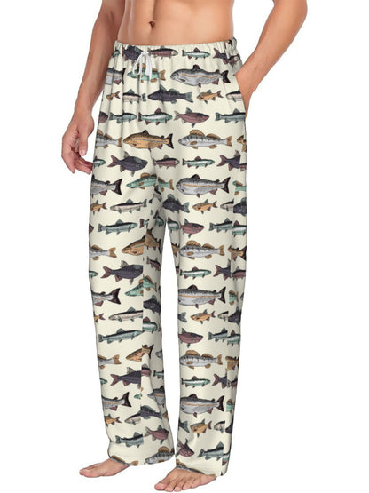 Different Species of Fish Pattern Mens Fleece Pajama Pants, Warm Lounge Pj Bottoms for Men with Pockets Soft