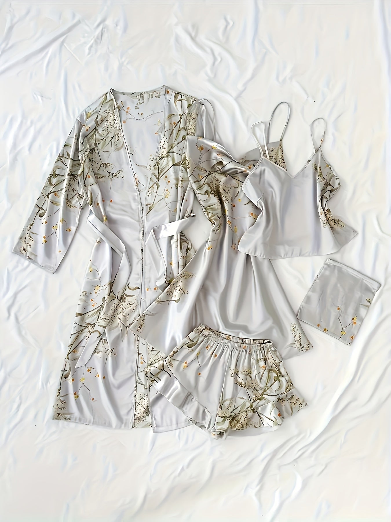 Women'S Printed Pajamas Set - Set (Including Robe, Short Suspender, Shorts And Skirt), Cherry Printed Pajamas, Loose, Soft And Comfortable