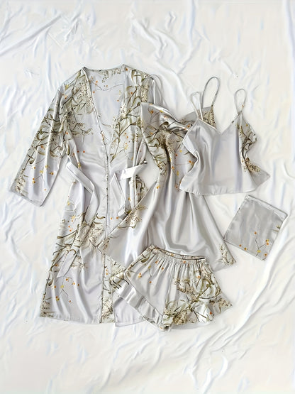 Women'S Printed Pajamas Set - Set (Including Robe, Short Suspender, Shorts And Skirt), Cherry Printed Pajamas, Loose, Soft And Comfortable