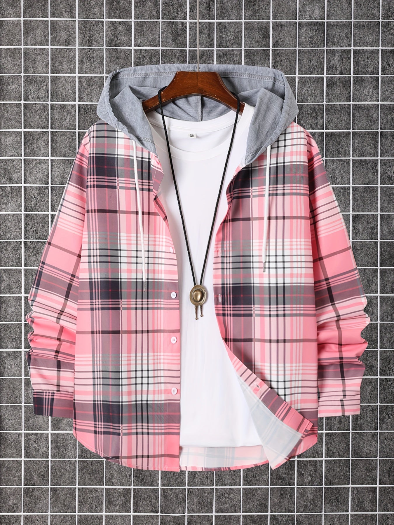 Men'S Plaid Hooded Button-Up Shirt - Long Sleeve Casual Shirt with Adjustable Drawstring Hood, Machine Washable, Spring/Fall Seasonal Transition, Earthy Tones (Brown/Beige/Red/Black/White), Autumn Wardrobe, Hooded Outerwear, No Stretch Fabric