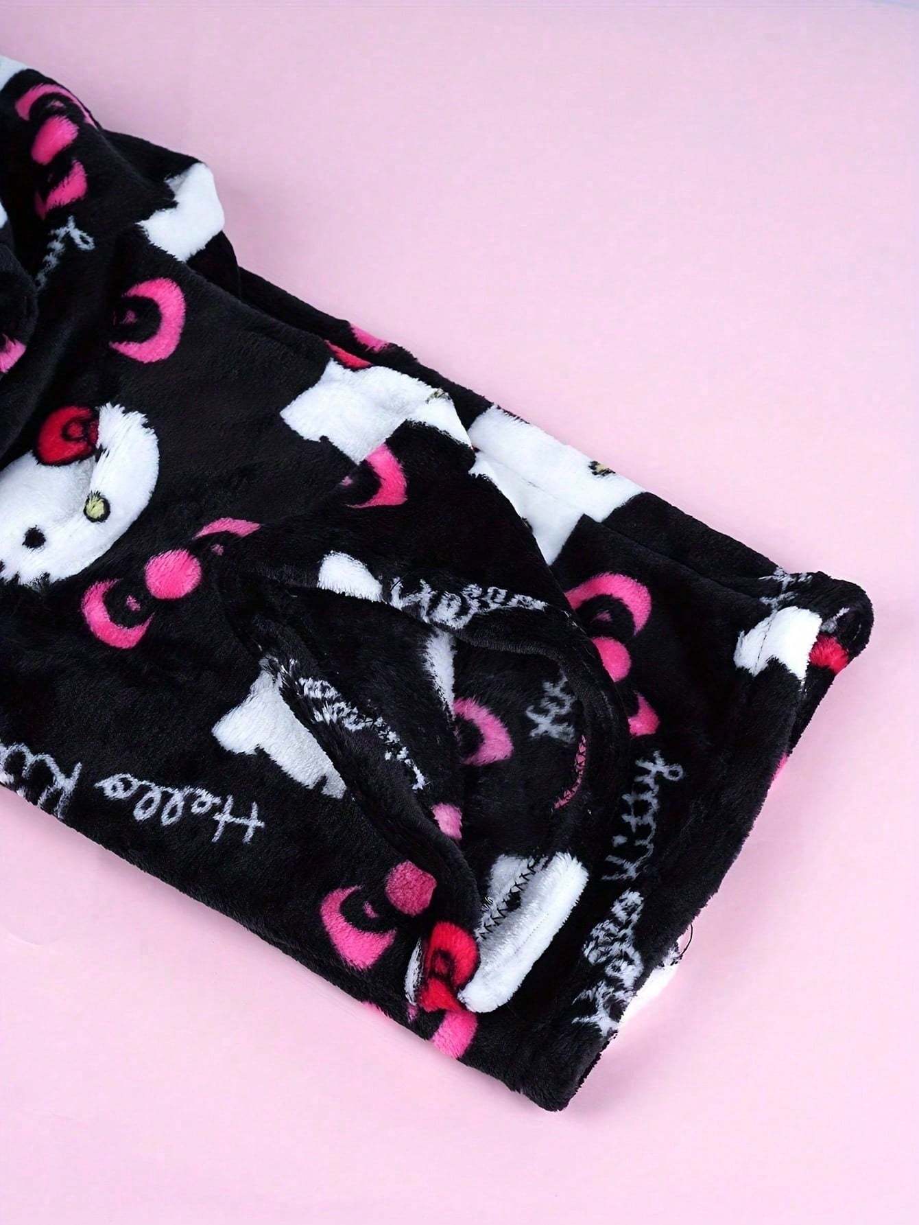 Sanrio Hello Kitty Men's Anime Pajamas - Hello Kitty Face & Iconic Print Flannel Sleepwear, Cozy Winter Lounge Pants, Machine Washable Cartoon Sleepwear for & Men (-)