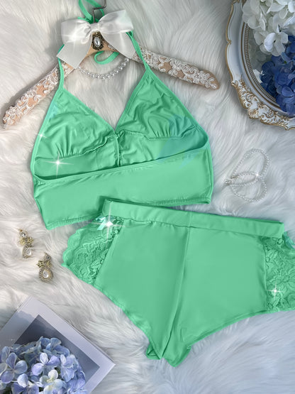 Spring/Summer New Gift Set: Solid Color Lace Trim Halter Neck Tie-Back Button-Up Open-Back Lace Trim Soft Skin-Friendly Sexy Home Sleepwear Set