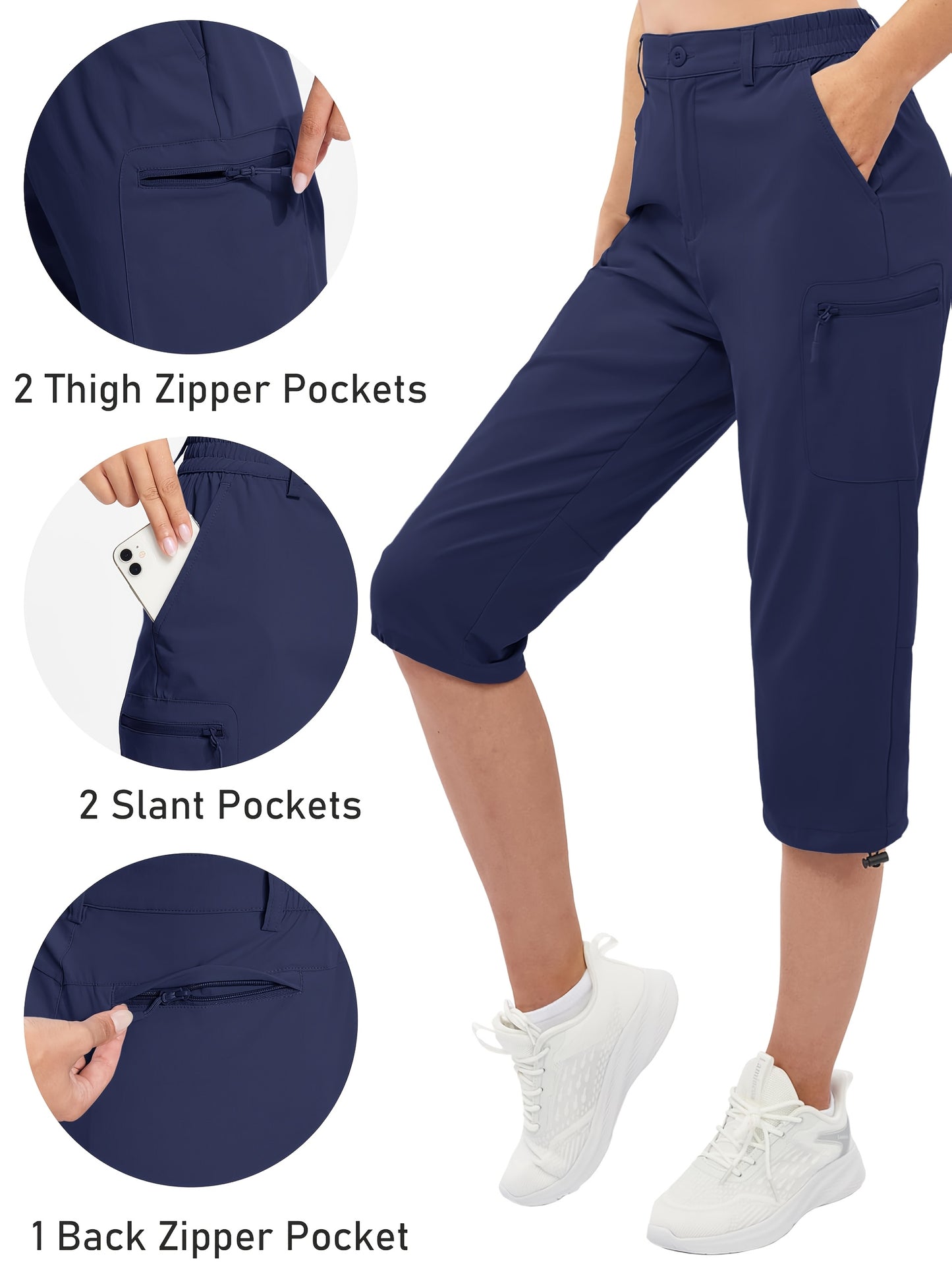 Women'S Summer Hiking Capri Pants - Lightweight, Quick Dry, Stretchy, Zipper Pockets, Adjustable Waist & Cuffs For Outdoor Travel, Hiking, Camping, Fishing, Casual Wear Long Shorts